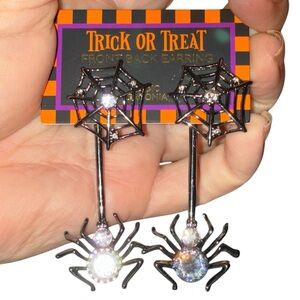 BELLA JACK Halloween Front-Back Crystal Spider Web Hematite Earrings NEW NWT